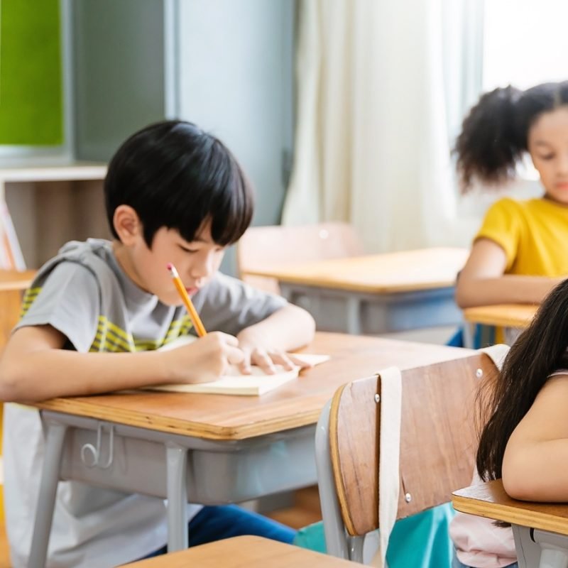 portrait of little pupil writing at desk in classroom at the elementary school Portrait of little pupil writing at desk in classroom at the elementary school